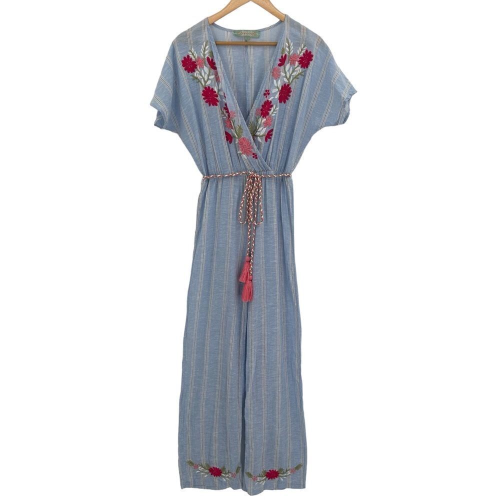 Kareena’s blue gauzy cotton embroidered surplice belted jumpsuit size small